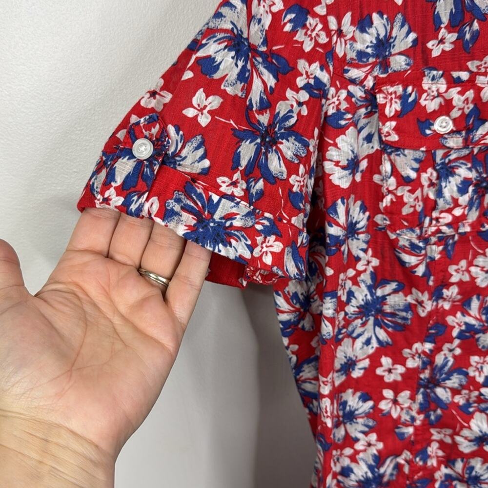 Rebecca Malone Medium M Red Blue Floral Button Down Shirt 100% Cotton Blouse - Picture 3 of 7